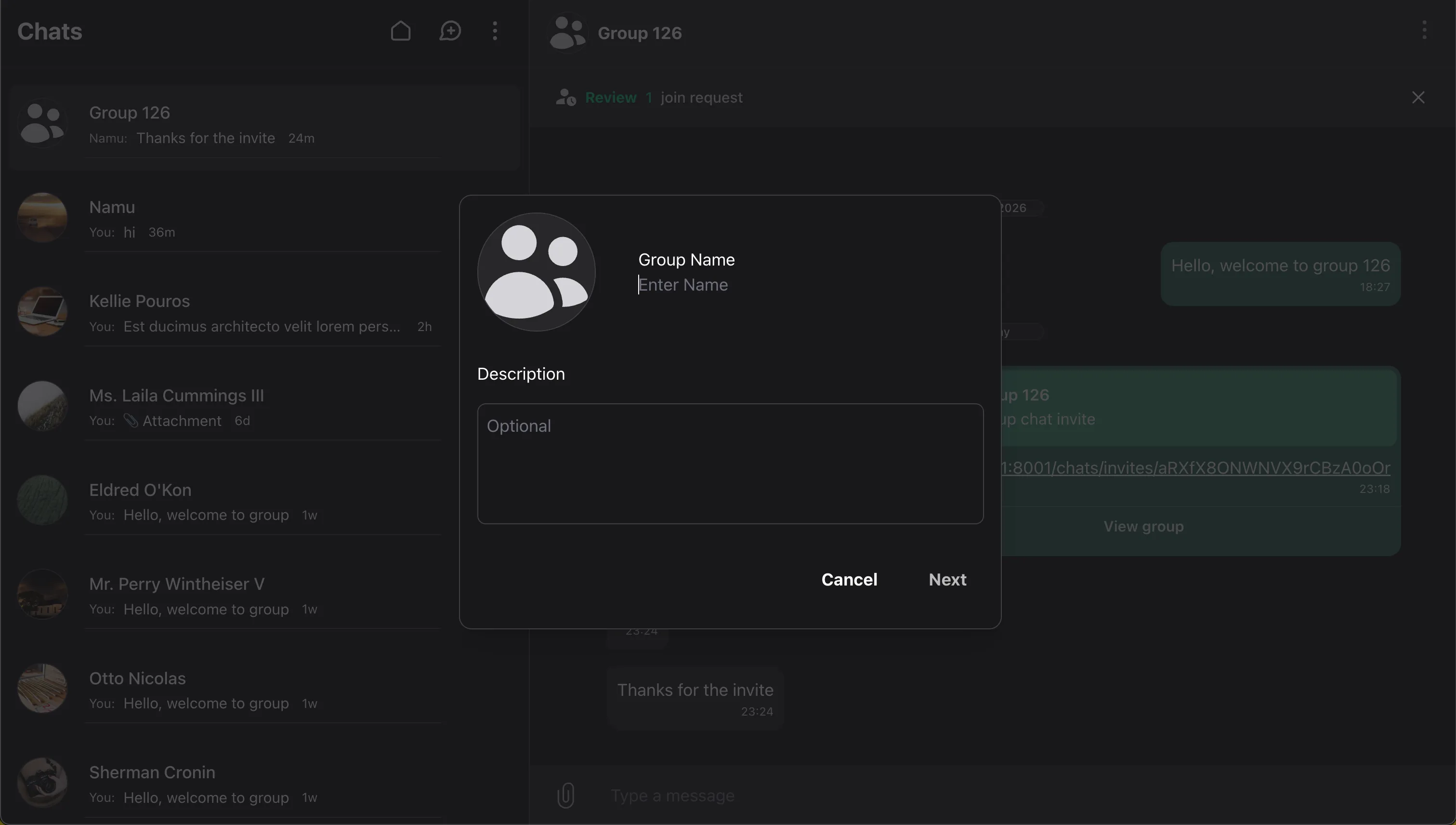 Wirechat create group modal
