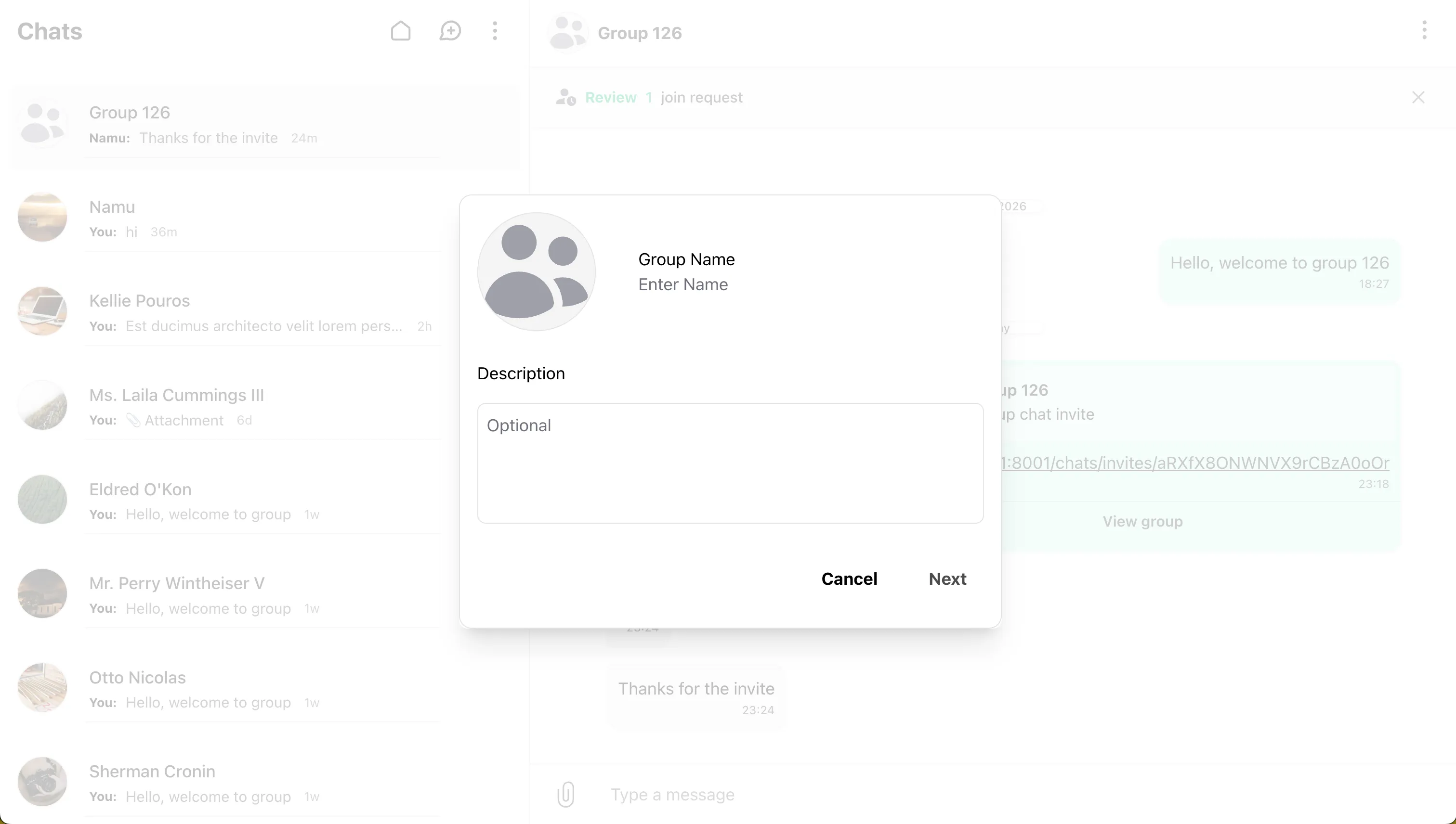 Wirechat create group modal