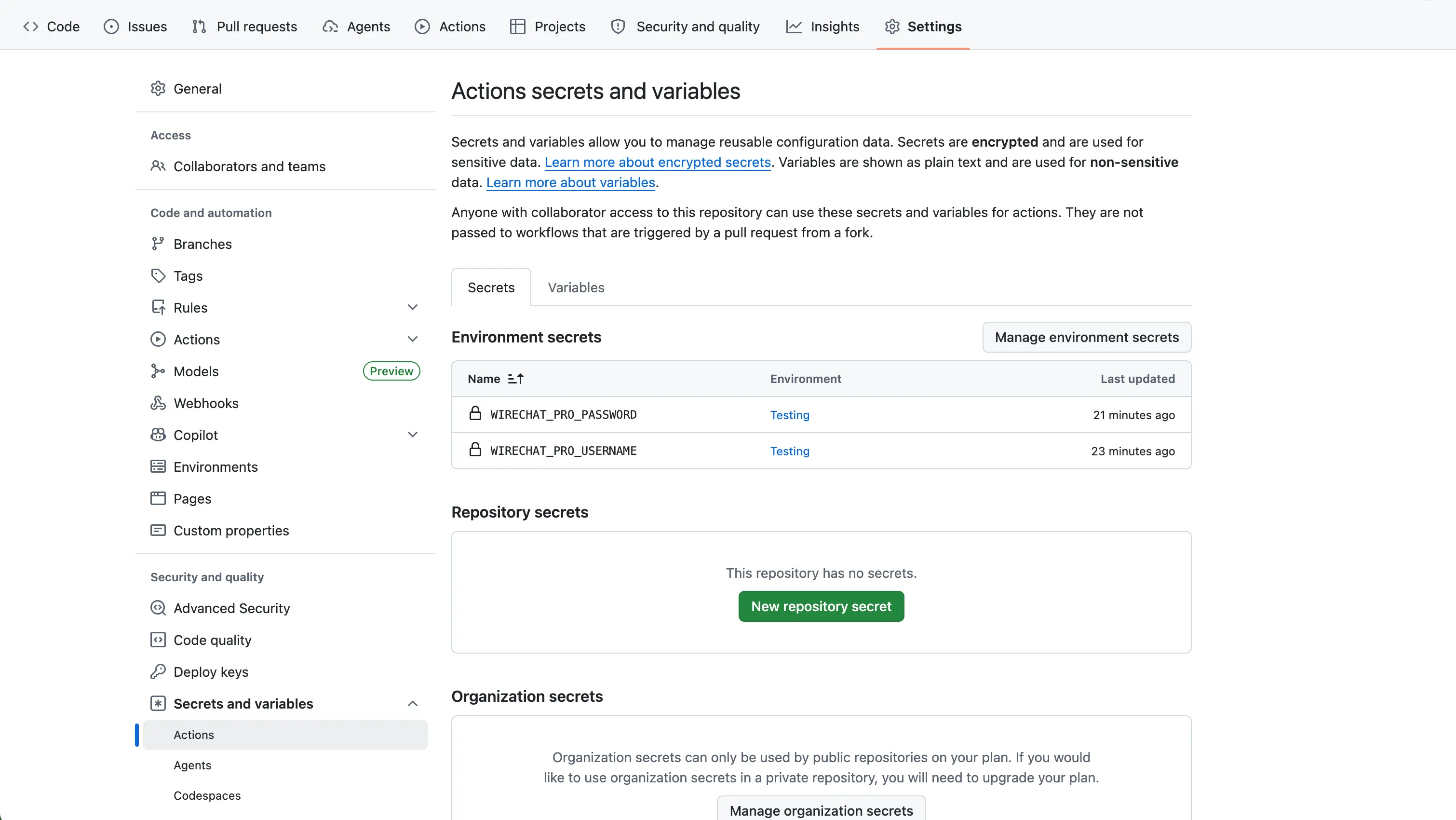 GitHub Actions secrets configured for Wirechat Pro