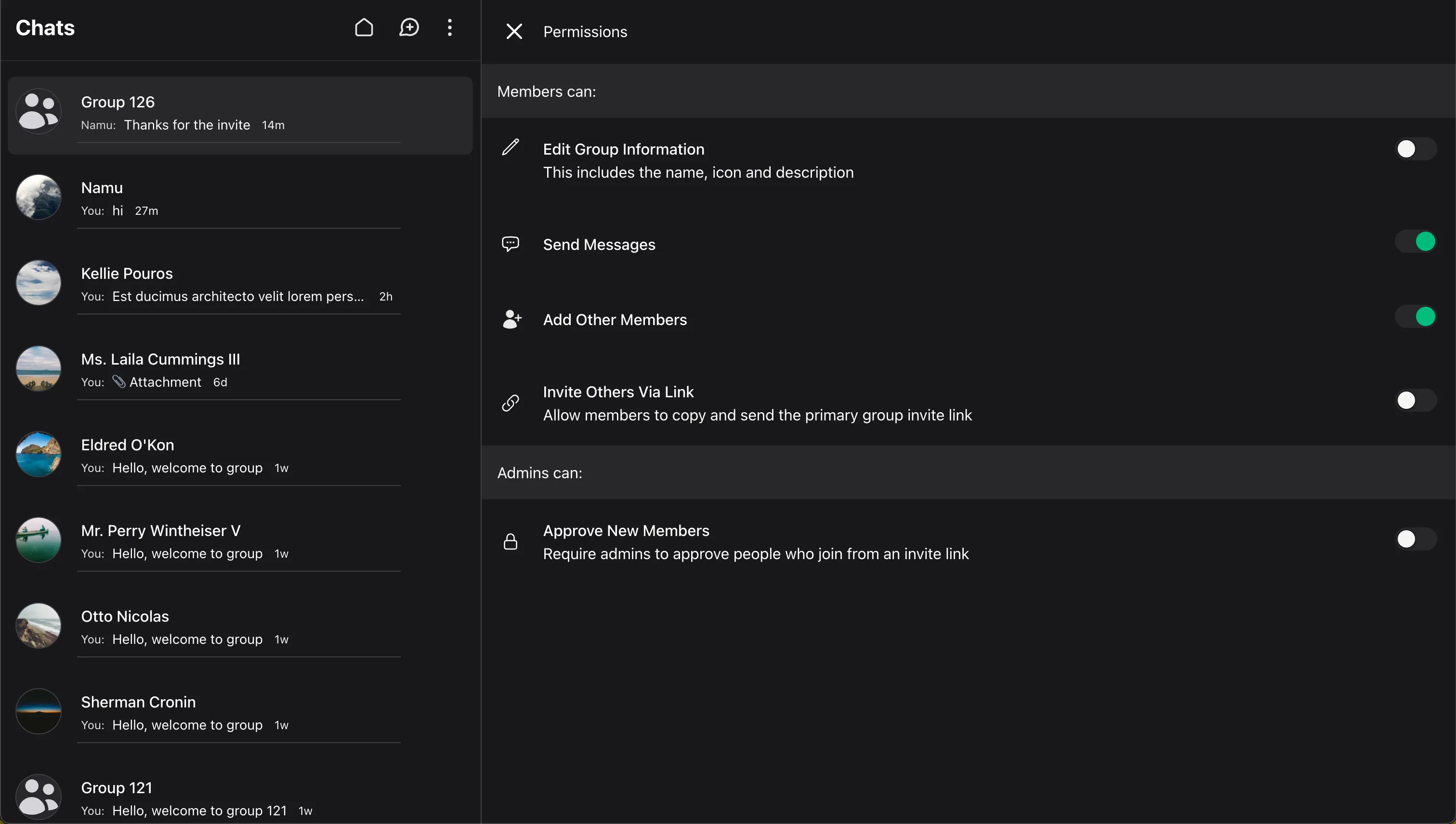 Wirechat group permissions page
