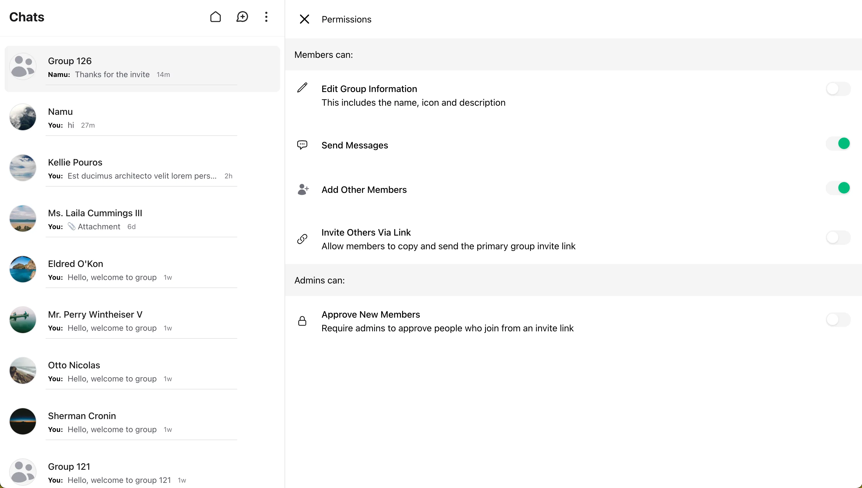 Wirechat group permissions page