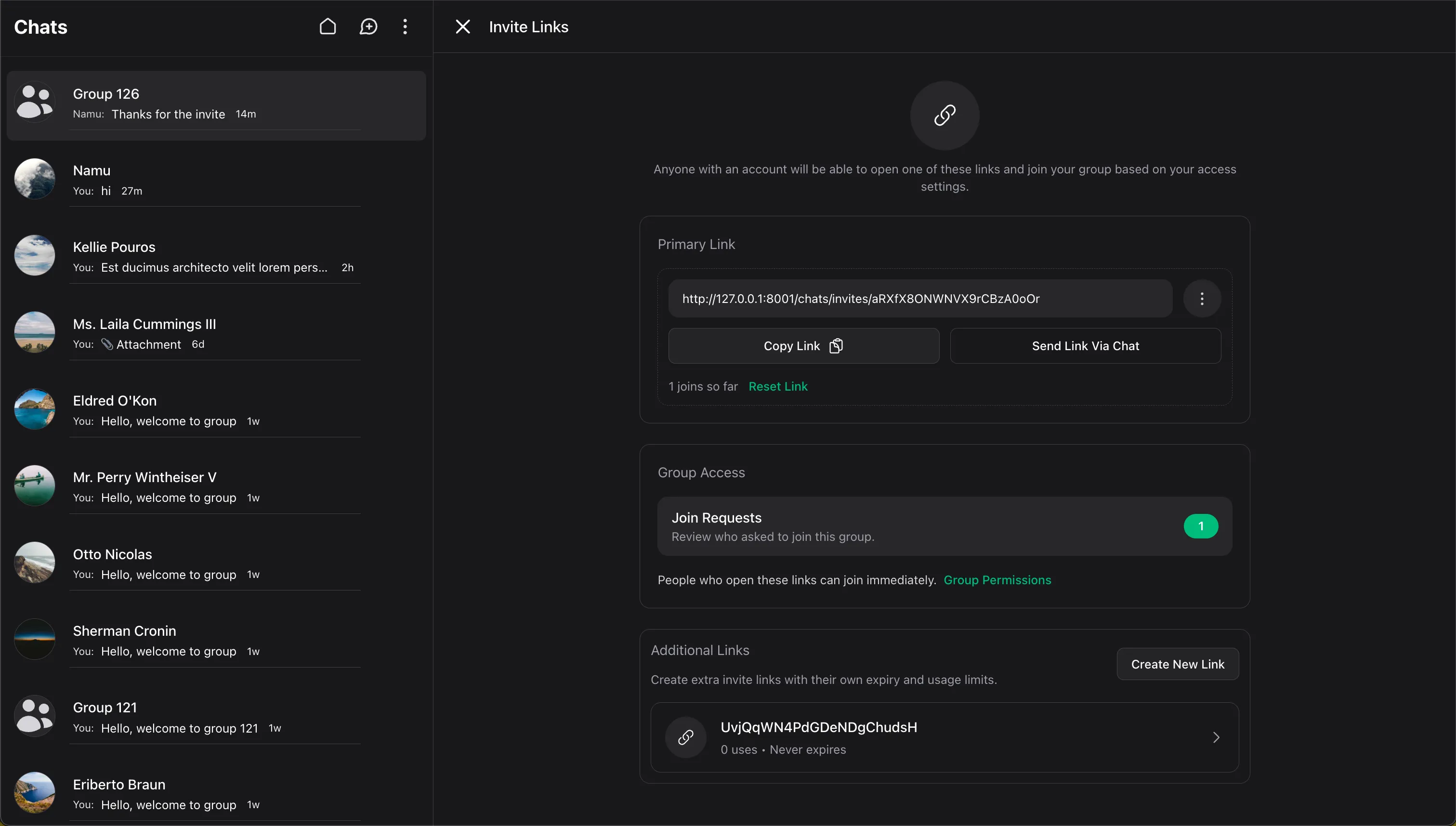 Wirechat invite links page