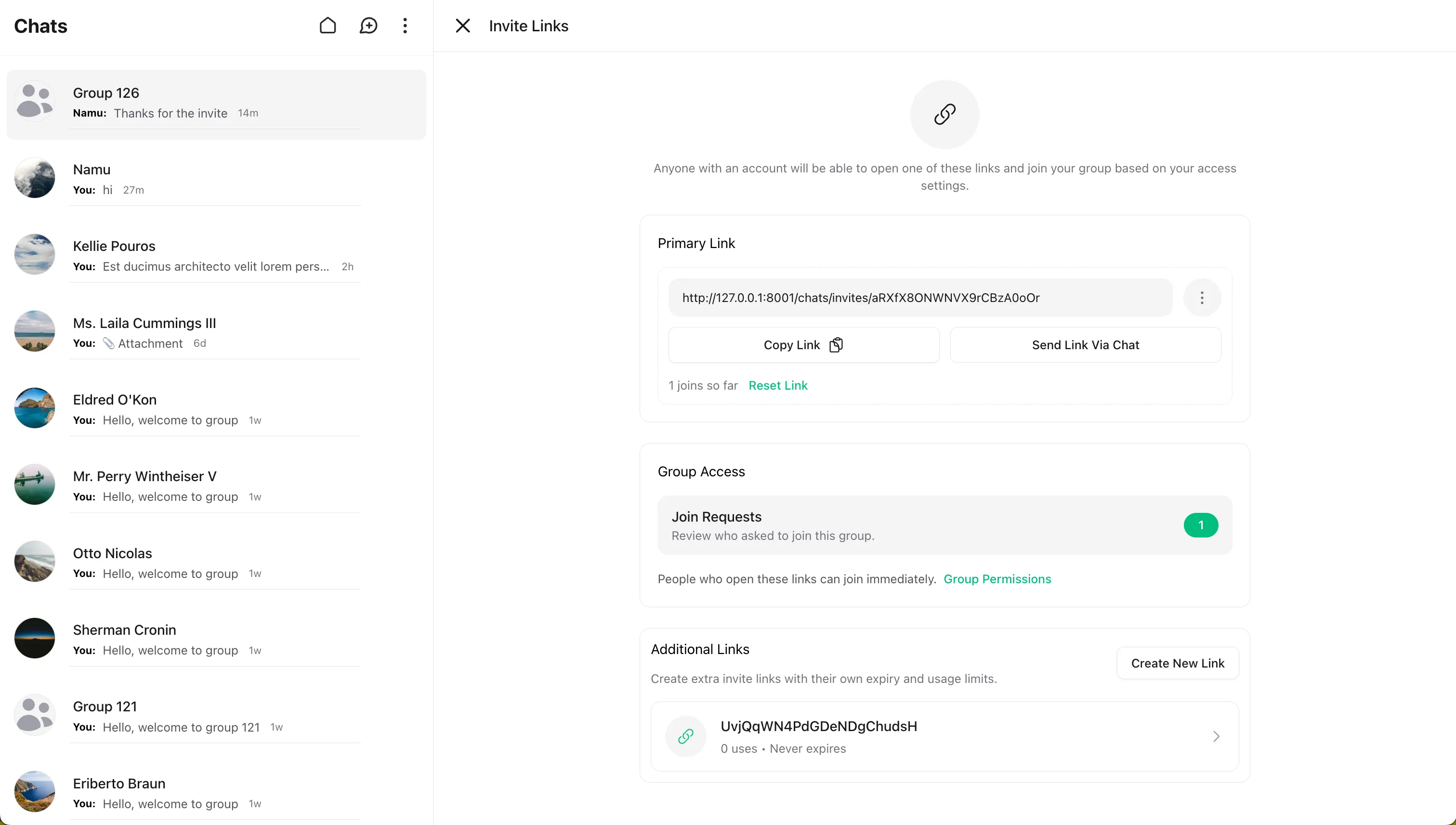 Wirechat invite links page