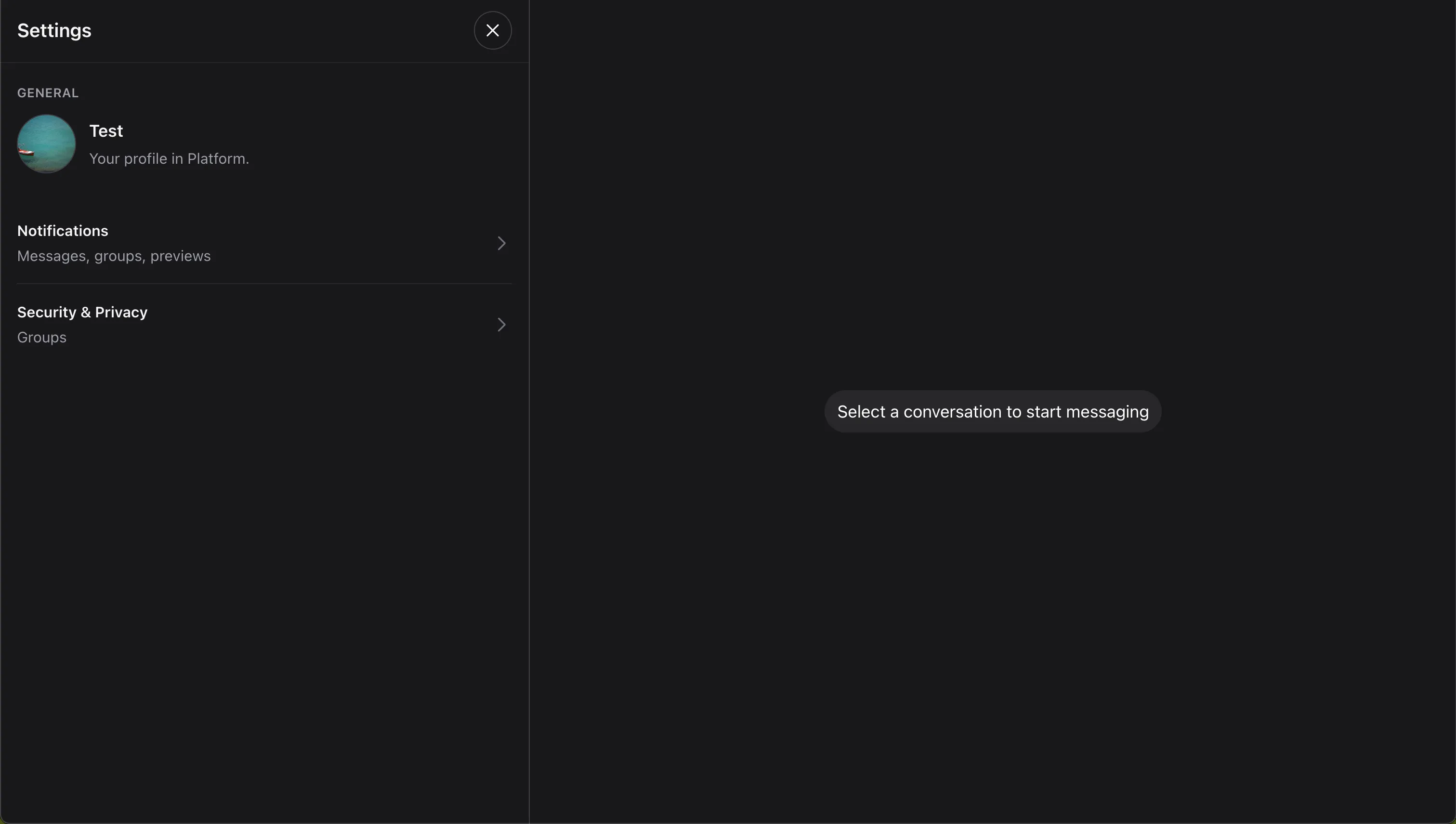 Wirechat settings drawer with account and privacy controls