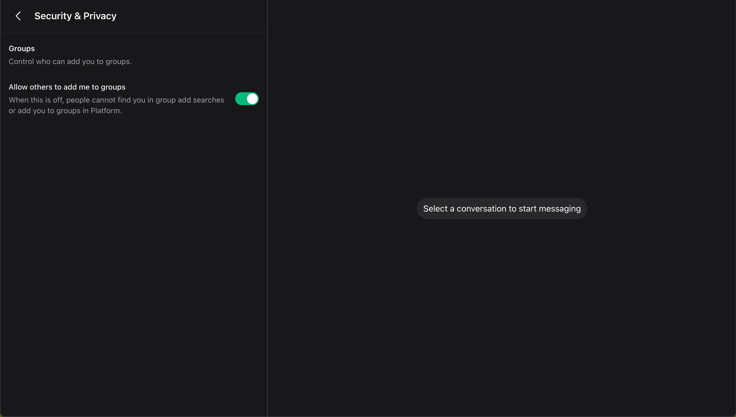 Wirechat settings drawer with for privacy and security showing groups