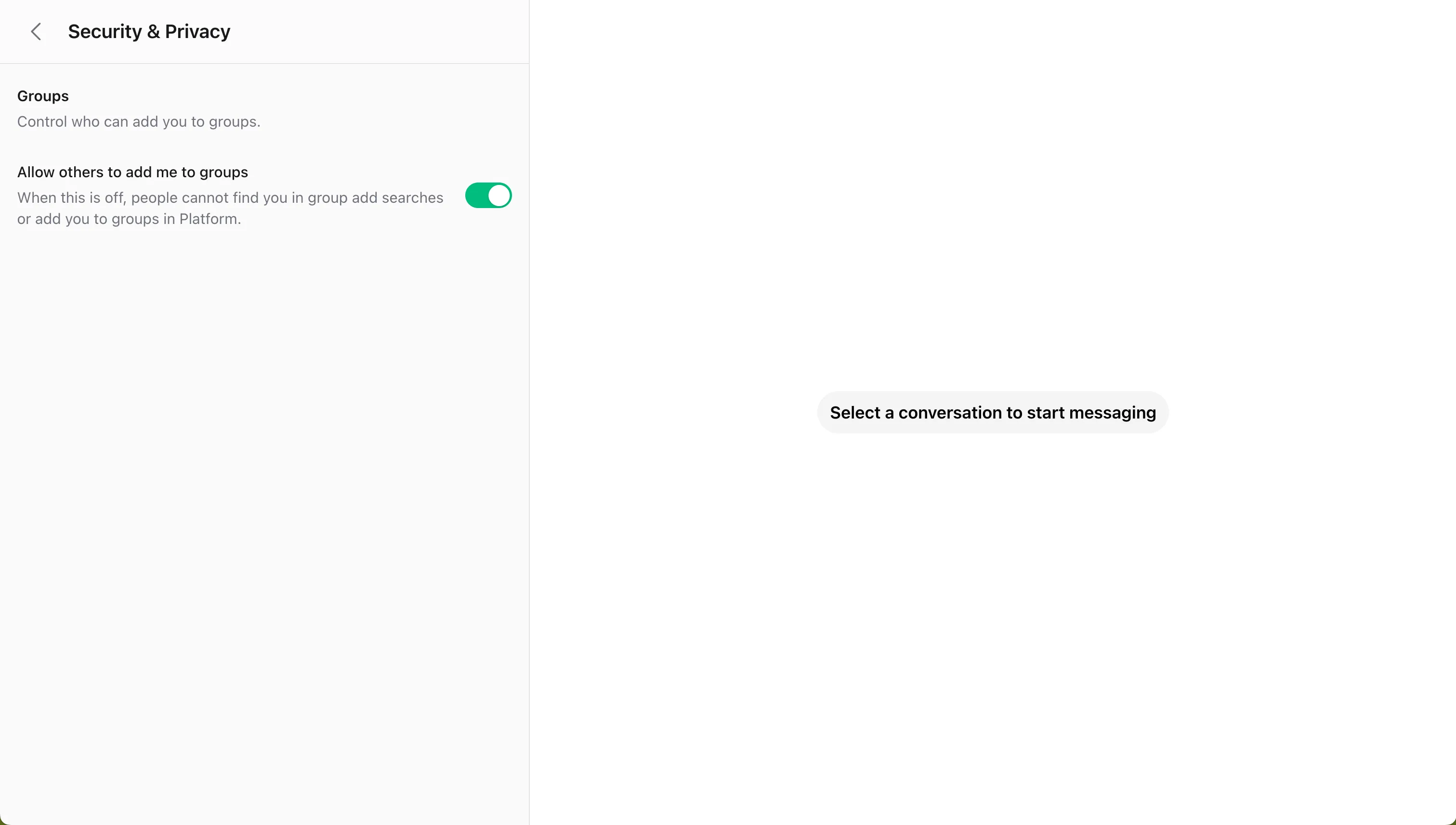 Wirechat settings drawer with for privacy and security showing groups